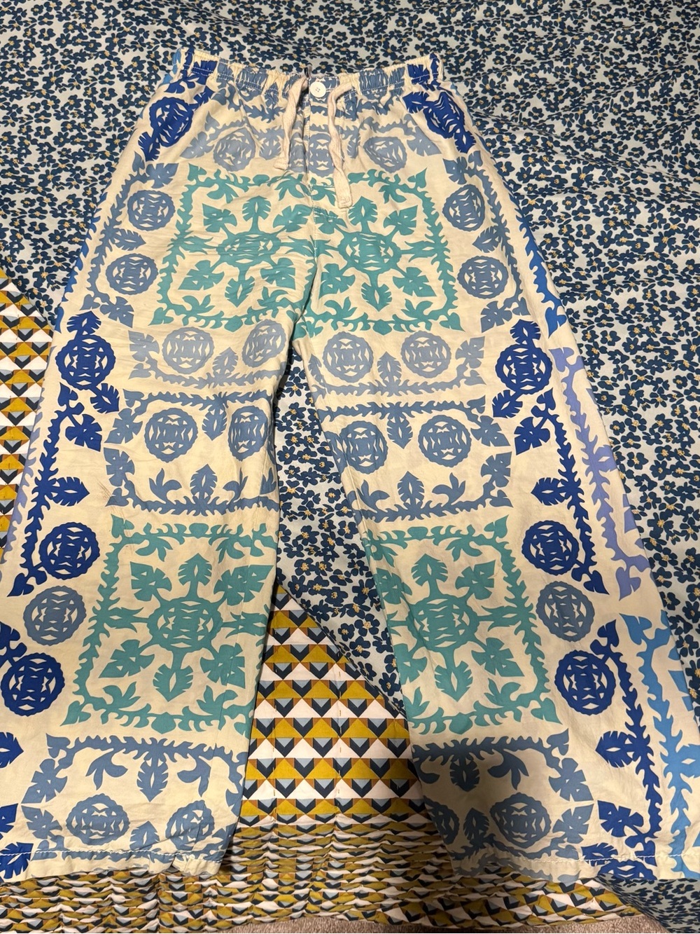 Zara White Track Pants with Blue and Teal Print